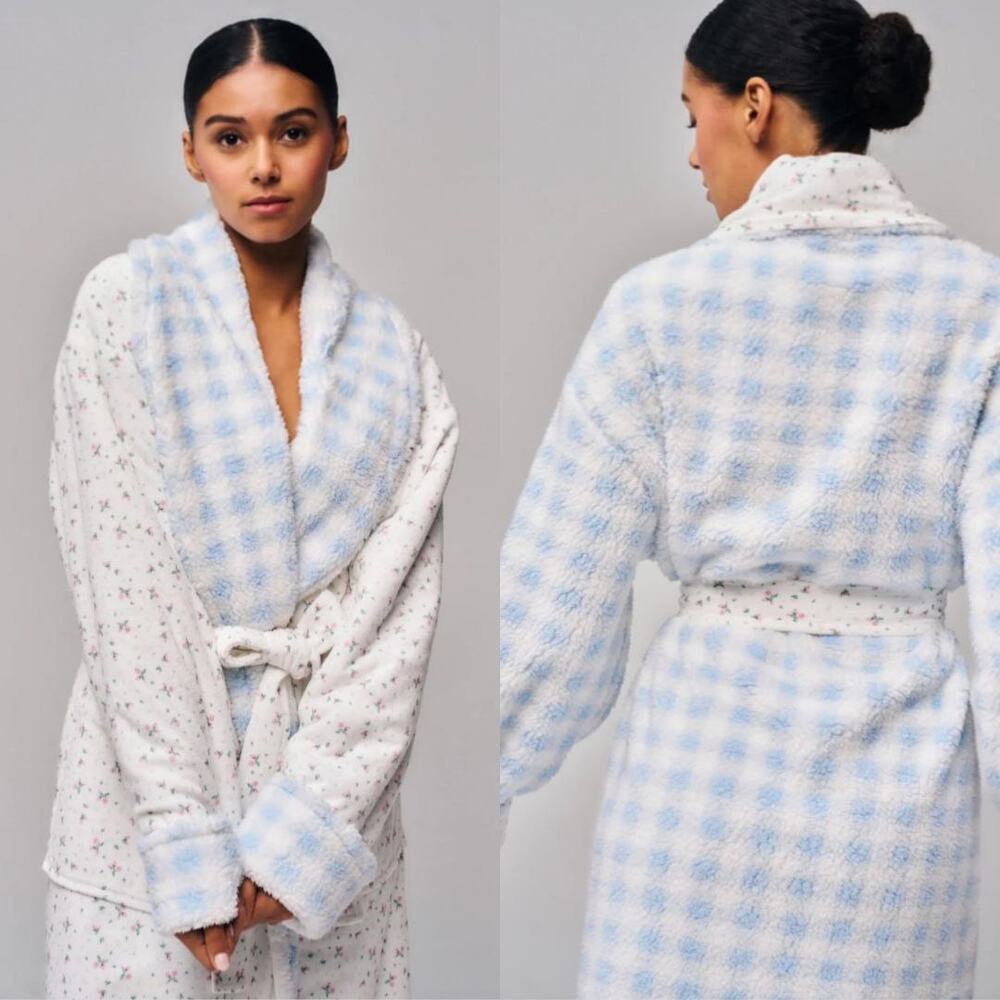 Guizo Cozy Cloud Reversible Robe Smal ? Medium Floral White Gingham NEW